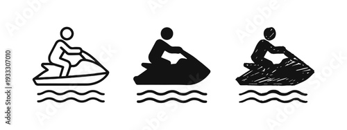 Jet Ski Personal Watercraft Icons Set with Outline, Solid, and Hand-Drawn Styles on White Background
