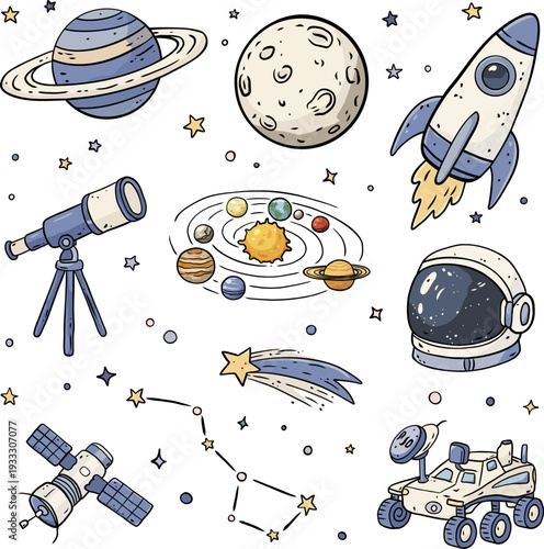Cute space doodle collection with rocket, planets, astronaut helmet and rover in outer space, perfect for kids coloring book, nursery wall art