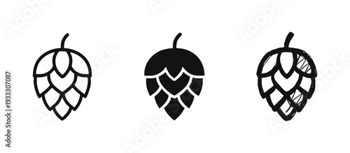 Three styles of hop cone icons for brewing beer, flat and hand-drawn designs.