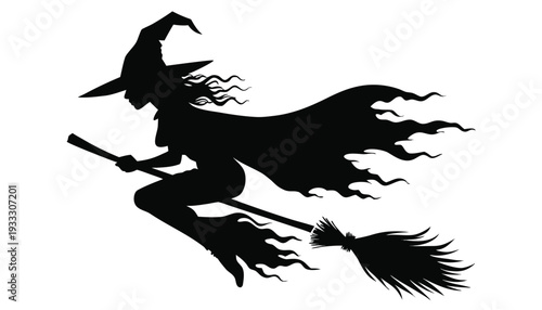 Black silhouette of a witch flying on a broomstick with flowing cape and hair de
