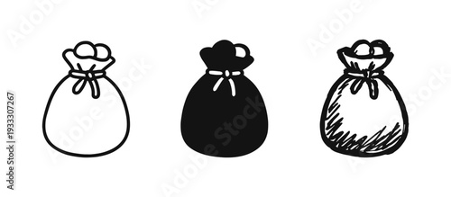 Three styles of money bag icons, cash sack, outline, glyph, and hand-drawn designs.