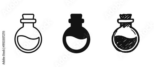 Three styles of potion bottle icons with liquid, outline, glyph, and hand-drawn designs.