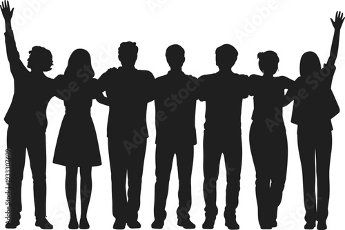 Group of friends silhouette standing together with raised arms, symbolizing unity, teamwork, celebration, diversity, community support, and social connection in modern society concept