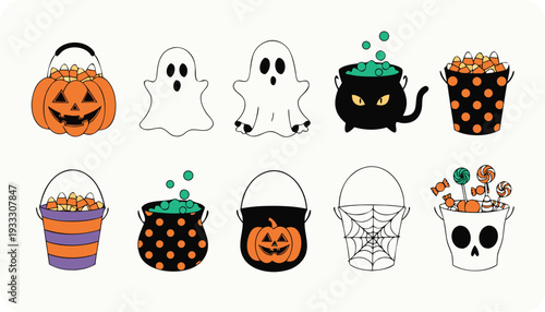 Halloween Candy Buckets and Cauldrons with Ghosts and Pumpkins Collection on White des