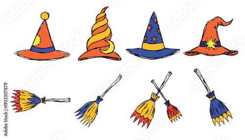 Four colorful witch hats and four brooms in a playful hand-drawn style on white background halloween