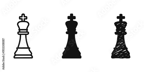 Chess King piece icons set in different styles: outline, glyph, and hand-drawn. Strategy game symbols on white.