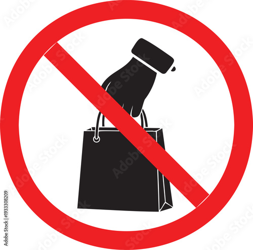 Prohibited plastic bottle and bag sign illustration in a red circle indicating environmental restrictions