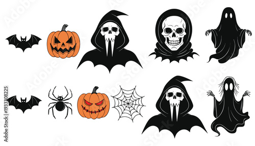 Halloween Featuring Orange Pumpkins Grim Reapers and Ghosts with Bats and Spiders desi