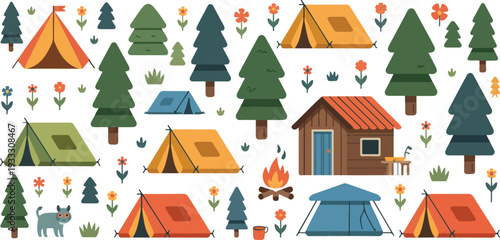 Camping icons set with tents trees cabin campfire and animals for outdoor adventure and recreation theme.