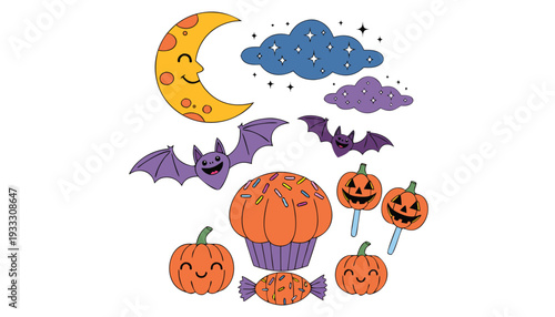Playful halloween cartoon moon cloud bat cupcake candy and pumpkins crescent moon sleeping moon desi
