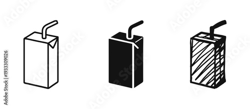 Juice Box with Straw Icon Set - Drink Carton Packaging Symbols