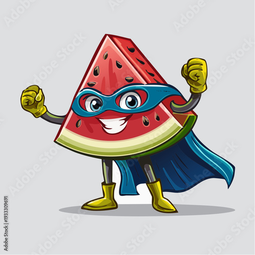 watermelon slice mascot as a superhero, cape flowing, powerful stance, comic-style vector art