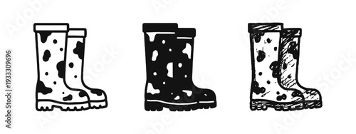 Rain Boots Icons Set with Cow Print: Outline, Solid, and Hand-Drawn Styles