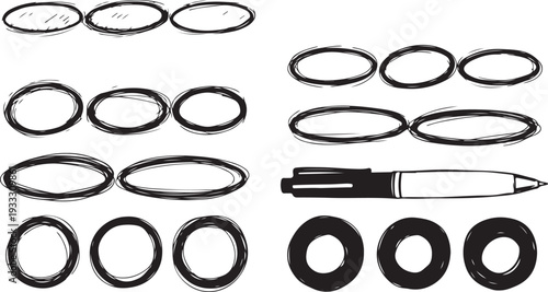 Hand Drawn Black Pen Doodle Set: Scribble Circles, Ovals, and Highlight Frames