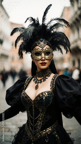 Wallpaper Mural Dressed in an elegant black gown adorned with feathers and jewels, a woman gracefully poses during the vibrant Venice Carnival. The atmosphere is full of excitement and color Generative AI Torontodigital.ca