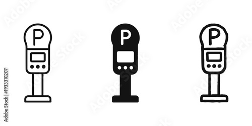 Parking meter icon set. Urban car park symbol in line, glyph and doodle style. City street regulation illustration.