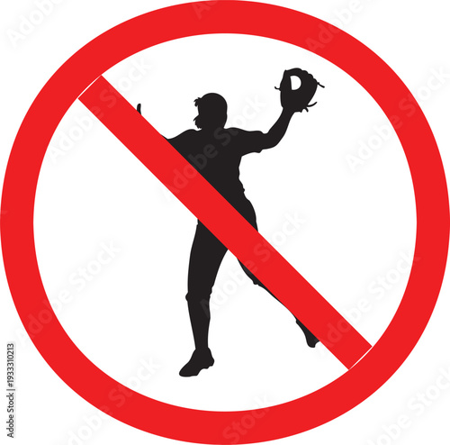 Silhouette of baseball player catching ball prohibited in red circle sign