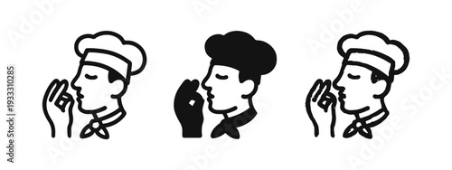 Chef kiss icon set. Excellent cooking gesture symbol in line, solid and doodle style. Food quality illustration.