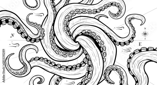 black and white octopus with intricate tentacles and compass symbols