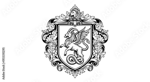 Crowned lion heraldic shield with wings and serpent