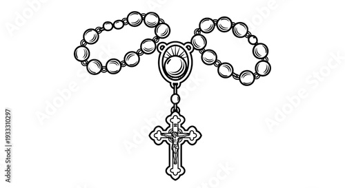 minimalist black and white rosary line drawing with cross