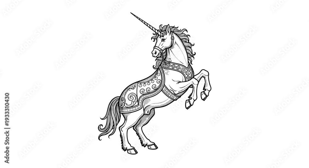 Fototapeta premium ornate black and white unicorn standing on hind legs