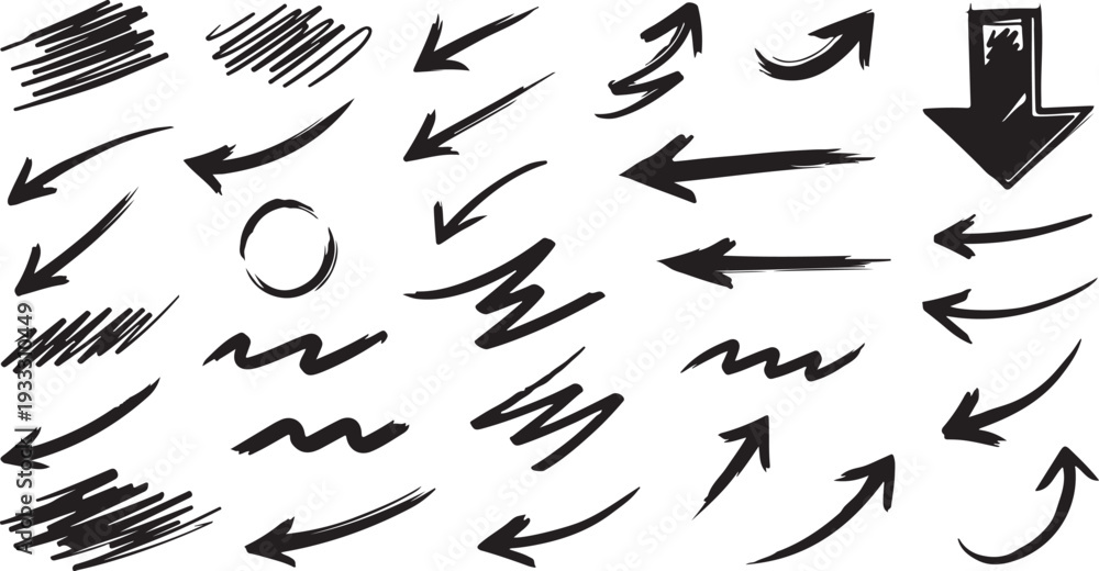 Obraz premium Hand Drawn Black Ink Arrow Set: Scribbled Pointers, Zigzags, and Directional Doodles