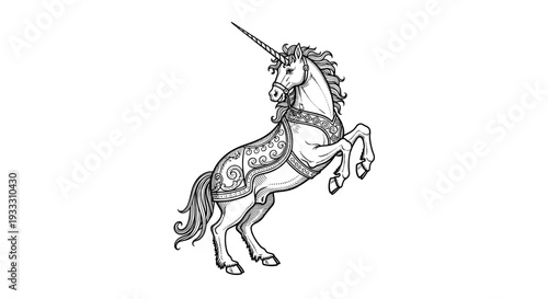 ornate black and white unicorn standing on hind legs