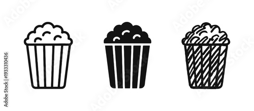 Popcorn icon set. Movie theater snack symbol in line, solid and doodle style. Entertainment food illustration.