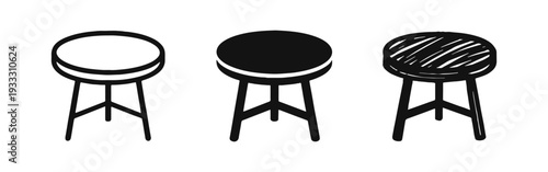 Bar stool icons set in outline, filled, and hand-drawn doodle style. High chair or counter stool symbols.