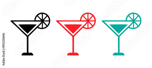 Colorful cocktails with orange slice. Three colorful cocktail glasses with orange slices and ice cubes