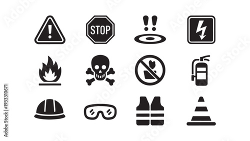 Workplace Safety and Hazard Warning Icon Set for Industrial Risk Communication, Signage, and Compliance Training