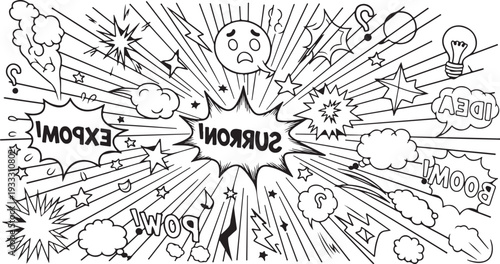 A high-energy comic-style illustration featuring central "SURRON!" and "EXPOM!" explosions with radiating action lines, speech bubbles, and expressive doodles.
