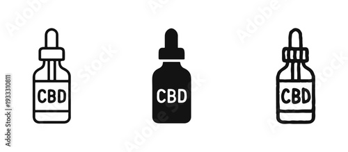 CBD oil dropper bottle icons set in outline, filled, and hand-drawn doodle style. Cannabidiol cannabis product symbol.
