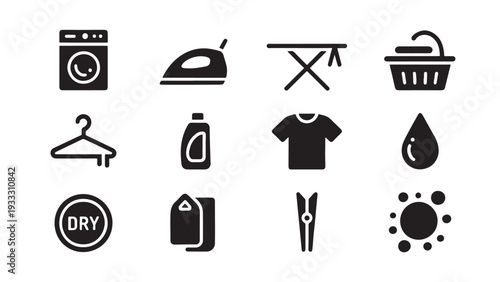 Laundry and Garment Care Icon Set for Washing, Drying, and Clothing Maintenance App and Service Design