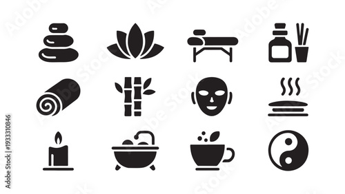Spa Wellness and Relaxation Icon Set for Holistic Health, Meditation, and Beauty Treatment Application Design