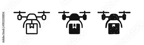 Drone delivery icons set in outline, filled, and hand-drawn doodle style. Package shipping and future logistics symbol.