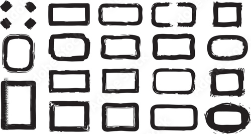 A versatile collection of bold black hand-drawn rectangular and rounded frames featuring textured, sketchy lines and rough borders for a modern DIY aesthetic.
