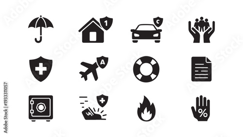  Insurance and Risk Protection Icon Set for Finance, Home, Vehicle, and Life Coverage Application and Policy Design