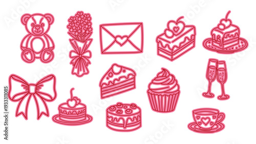 A collection of red illustrations of food and gifts