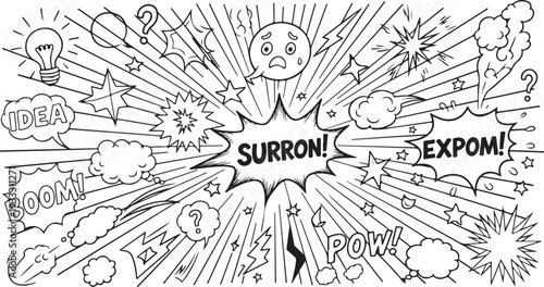 A high-energy comic-style illustration featuring a central "SURRON!" explosion with radiating action lines, speech bubbles, lightning bolts, and expressive doodles including "BOOM!", "POW!", and "EXPO