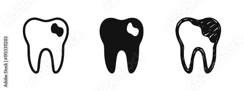 Decayed tooth icons set in outline, filled, and hand-drawn doodle style. Dental cavity and tooth decay symbols.