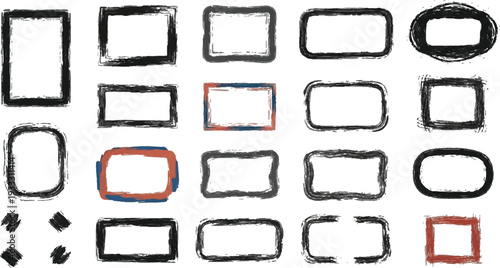 A versatile collection of black hand-drawn rectangular and rounded frames featuring textured, sketchy lines and rough borders for a modern DIY aesthetic.