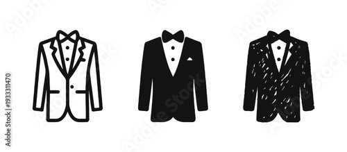 Tuxedo icons set in outline, filled, and hand-drawn doodle style. Formal suit and men's elegant attire symbols.