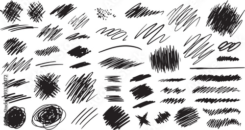 A versatile collection of black hand-drawn graphic elements featuring messy marker scribbles, hatch patterns, wavy lines, and organic pencil doodles for a gritty DIY aesthetic.