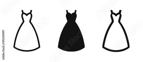 Evening dress icons set in outline, filled, and hand-drawn doodle style. Elegant gown and formal wear symbols.