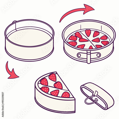 Step by step cake assembly guide demonstrating how to use a round springform pan for perfect strawberry cheesecake portions and easy side rim removal