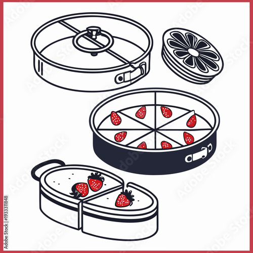 Springform pan with cheesecake sections and strawberries. springform tin for baking desserts. round cake mold with lid and clamp.