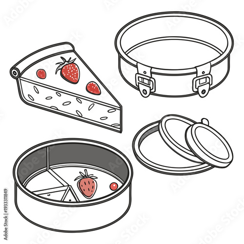 Assorted bakery items including strawberry cheesecake slice professional baking molds and interchangeable pan rings for various dessert sizes and shapes