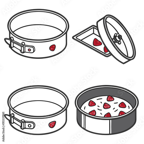 Springform pan with single strawberry and baking accessories. round cake molds with different designs and removable bottoms.